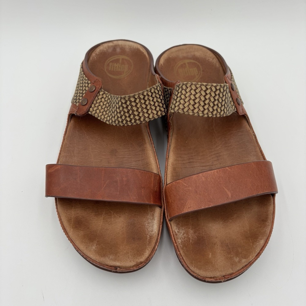 FitFlop Amsterdam Brown Leather Sandals Size 9 Comfort Vacation Casual Slip On - Picture 2 of 8